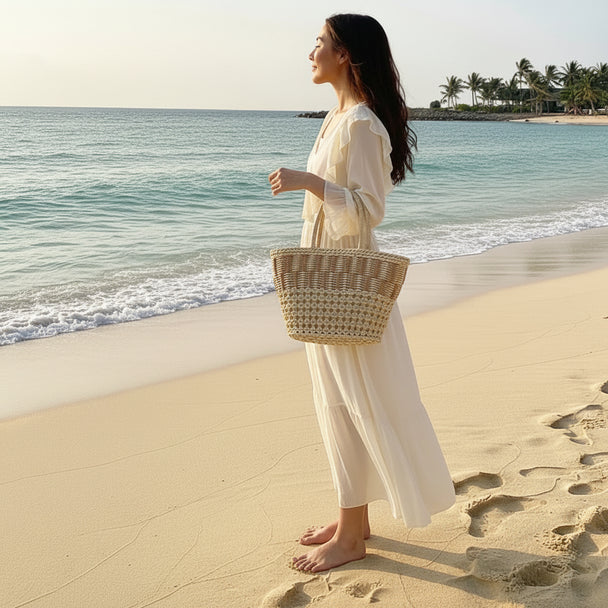 Kamala Beige Bucket Straw Handbag